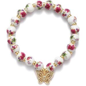 Red Flower Handmade Stretch Dainty Bead Bow Charm Bracelet for Women